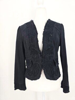 Wearhouse Black Diestressed Floral Embroidered Denim Jean Jacket Women Size L
